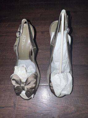 BCBG Generation Taupe Satin Slingback Heels with Bow Accent